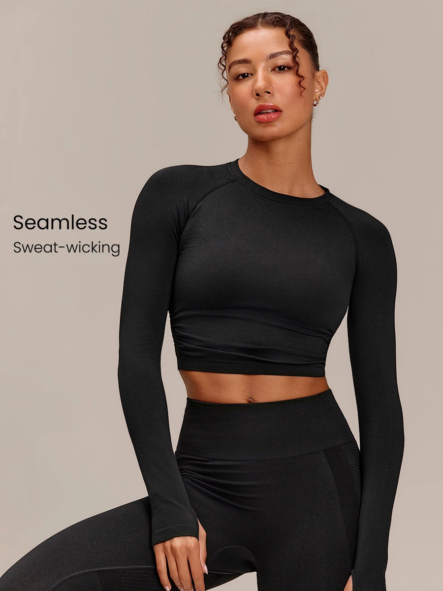 GLOWMODE Second-Skin Seamless Training Day Cropped Long Sleeve Training Top With Side Ruching & Ribbed Cuffs Training Workout Gym Fitness Fall Wear - Black - View 1