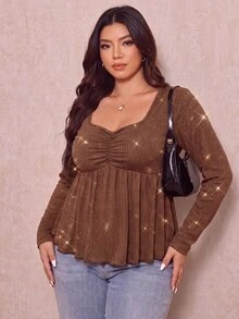 SHEIN LUNE Plus Size Women Shimmer Ribbed Peplum Long-Sleeve Top - Brown - View 5