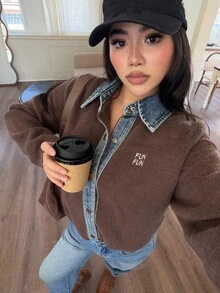 DAZY Women's Autumn/Winter Collared Long Sleeve Denim Patchwork Contrast Color Letter Embroidery Cropped Casual Street Daily Commute Knit Cardigan - Brown - View 6