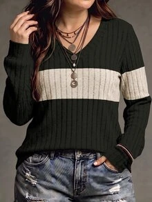 SHEIN 女款秋冬新款熱銷拼色拼接V領休閒百搭大尺碼運動衫 - 彩色 - 查看 3