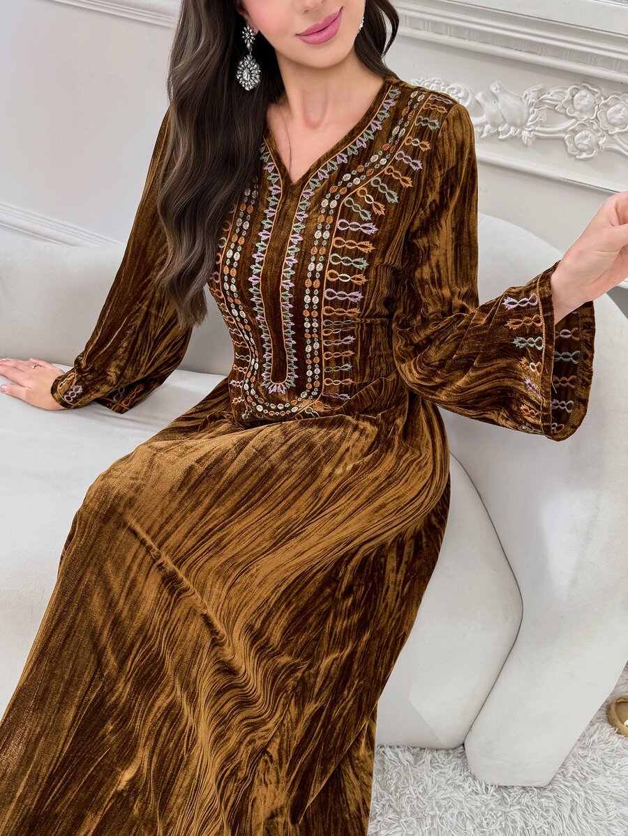 Al Najma Women's V-Neck Colorblock Casual Party Arabian Dress - Brown - View 1