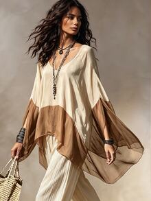 SHEIN New Women's Patchwork Contrast Color Versatile Slimming Loose Fit Blouse - Khaki - View 5