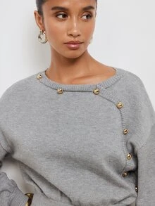 Maija Grey Women's Knitted Top With Asymmetric Front And Metal Button Decor, Urban Casual Holiday - Grey - View 2