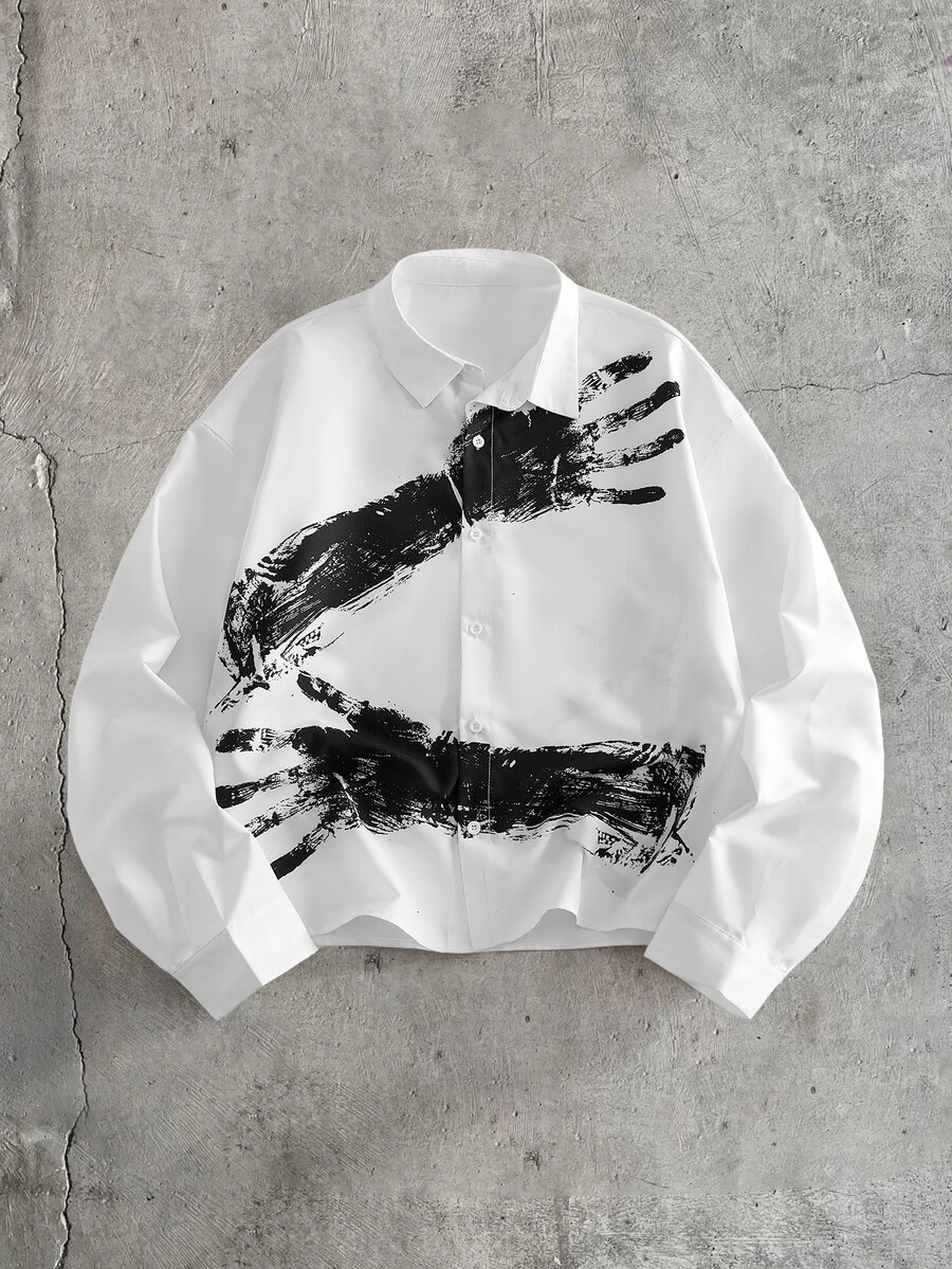 EASEVO Men's Plus Size Fashion Palm Print Long Sleeve Shirt Autumn Winter Halloween Halloween Winter Party Autumn - White - View 1