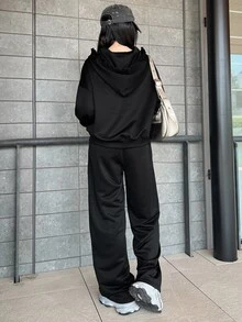 FRIFUL Women's Autumn Double Zipper Hooded Sweatshirt With Frill Trim And Rhinestone Decor & Long Pants 2 Pieces Set - Black - View 2