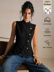 Poéselle Women's Elegant Button-Up Waist Vest For Business Office - Black - View 1