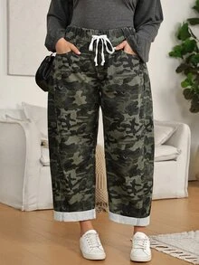 EMERY ROSE Plus Size Fashion Camouflage Print Drawstring Waist Pocket Denim Cropped Pants,Elastic Waistband Relaxed Fit,Tapered Leg,Cuffed Hem,Halloween,Christma - Army Green - View 6