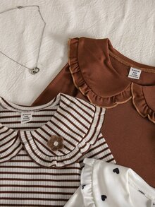 SHEIN Playful Pals 3pcs/Set Baby Girl Sweet Cute Peter Pan Collar Striped Long Sleeve T-Shirt Heart Print Undershirt Coffee Color Top Combination Autumn Inner Wear Simple Daily Outfit - Coffee Brown - View 4