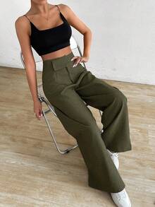SHEIN Holidaya 女款休閒通勤不對稱腰寬腿長褲 - 軍綠色 - 查看 4