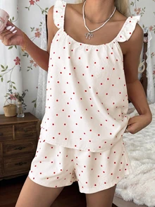 CottageSlumber Women's Red Polka Dot Print Camisole & Shorts Pajama Set, Summer Loungewear - Beige - View 6