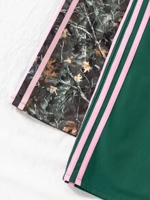 少女對比粉色條紋寬腿運動長褲 美式復古迷彩休閒運動褲 - 彩色 - 查看 7