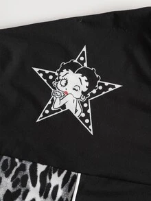 Betty Boop x SHEIN Men's Leopard Print V-Neck Short Sleeve Casual T-Shirt - Black - View 8