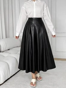 Solavon Fashionable Ladies Black Faux Leather Pleated Skirt Flattering High Waisted A Line Silhouette Perfect For Everyday Wear - Black - View 4