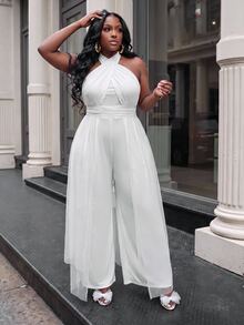 Slaydiva Plus Size Cocktail Party White Tulle Spaghetti Strap Skirt With Pockets Satin Jumpsuit - White - View 7