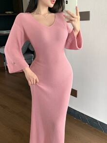 Modelyn فستان نسائي بلون موحد بأكتاف منسدلة وقصة ضيقة أنيق من الصوف المحبوك - وردي - مشاهدة 1