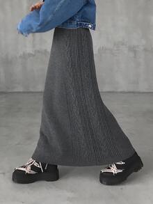 FRIFUL Women's Cable Knit Long Casual Versatile Midi Skirt Fall - Grey - View 2
