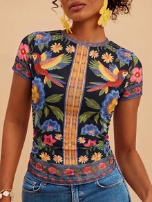 Travachic 女款花卉印花圓領短袖休閒時尚上衣 - 黑色 - 查看 6