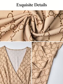 SOLERSUN V-Neck Criss-Cross Loose Long Sleeve Dress, Waist Tie Cinched Waist, All-Over Geometric Print, Suitable For Commuting And Daily Wear Fall - Khaki - View 8