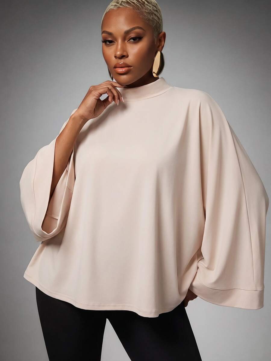 SHEIN Lunessa Women's Solid Color Stand Collar Batwing Sleeve Loose Casual T-Shirt - Apricot - View 1