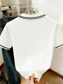 INAWLY Women's Casual Embroidered Striped Colorblock Short Sleeve T-Shirt For Daily Wear - Multicolor - View 2