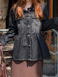 FRIFUL Women's Single-Breasted Long Sleeve Ruffle Hem Denim Jacket - Dark Grey - View 4