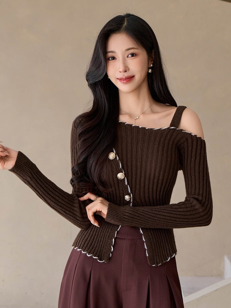 DAZY Women's Asymmetric Collar Long Sleeve Button Design Sweater - Brown - View 1