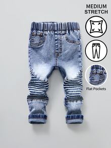 Baby Boy Autumn/Winter Denim Long Pants, Light Blue Washed Distressed Texture, Knee Pleat Decoration, Handsome Casual Durable Denim Long Pants For Infants And Toddlers - Light Wash - View 1