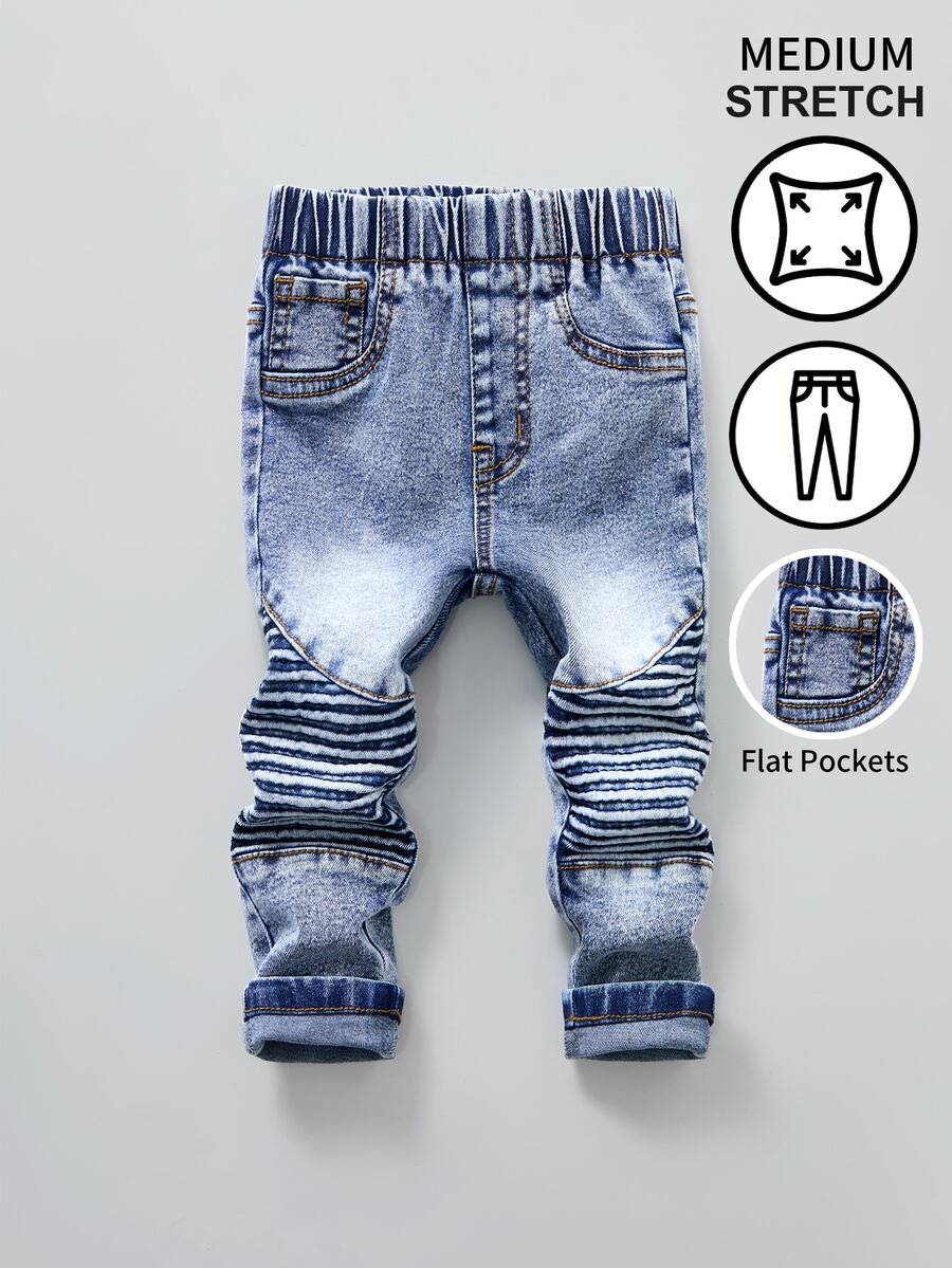 Baby Boy Autumn/Winter Denim Long Pants, Light Blue Washed Distressed Texture, Knee Pleat Decoration, Handsome Casual Durable Denim Long Pants For Infants And Toddlers - Light Wash - View 1