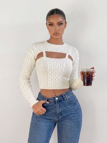 Sirith Women's Solid Color Hollow Out Cropped Knit Top - Beige - View 3
