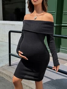 Lyckli Maternity Solid Color Off-Shoulder Long Sleeve Fitted Fashion Dress - Black - View 5