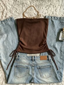IslaSuriya Women's Coffee Brown Beaded Tube Top, Ruched Drawstring Casual Top - Coffee Brown - View 2
