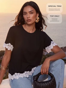 CAJUNI Women's Lace Patchwork Casual Versatile Daily Wear T-Shirt - Black and White - View 1