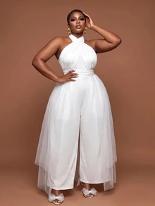 Slaydiva Plus Size Cocktail Party White Tulle Spaghetti Strap Skirt With Pockets Satin Jumpsuit - White - View 6
