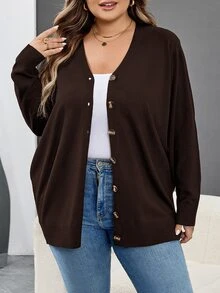 SHEIN CURVE+ 大尺碼女款純色長袖單排扣休閒針織開襟衫 - 咖啡棕 - 查看 4