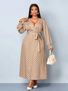 SOLERSUN V-Neck Criss-Cross Loose Long Sleeve Dress, Waist Tie Cinched Waist, All-Over Geometric Print, Suitable For Commuting And Daily Wear Fall - Khaki - View 2