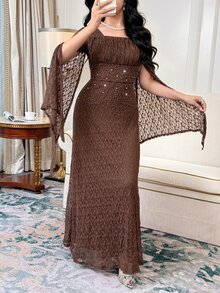 Feyla Women's Square Neck Faux Pearl & Rhinestone Embellished Elegant Party Long Dress - Coffee - View 3