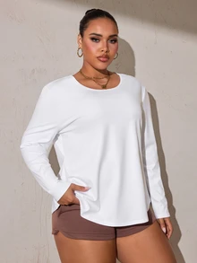 Easithlete Sweatshirt Lengan Panjang Kerah Bulat Motif Geometris Patchwork Belakang untuk Wanita Ukuran Plus - Putih - View 3