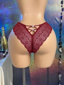 MidnightGlam 1 pieza Bragas sexys de encaje con contraste y strass glamurosos para mujer - Burdeos - Ver 3