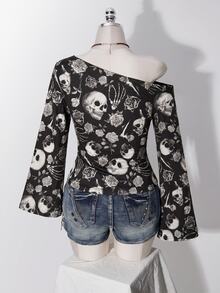 SHEIN ICON 萬聖節骷髏與玫瑰印花大尺碼女款不對稱肩T恤 - 彩色 - 查看 2