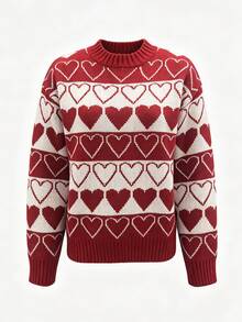 SHEIN Women's Heart Pattern Casual Everyday Long Sleeve Sweater - Red - View 4