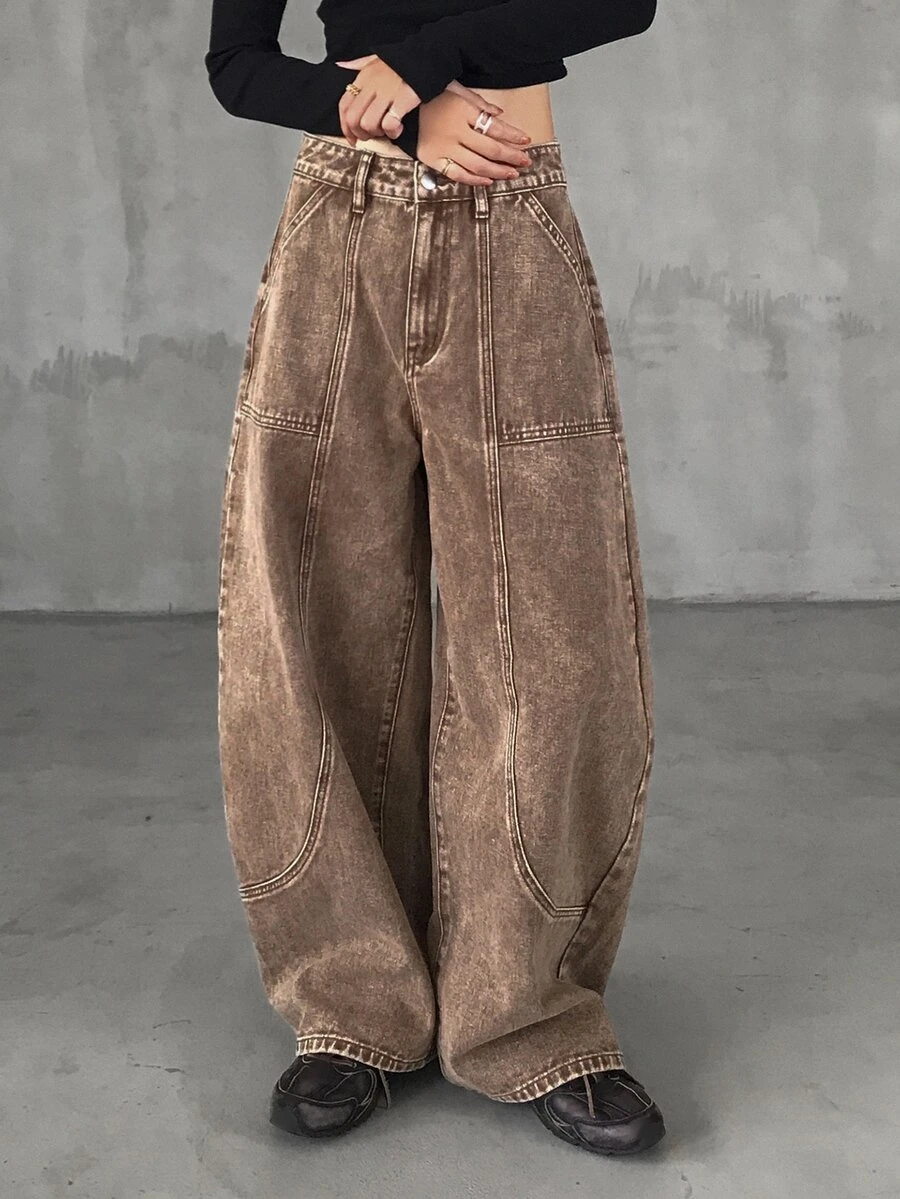 FRIFUL Women's Loose Casual Versatile Denim Jeans With Curved Pockets - Brown - View 1