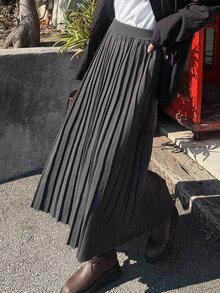 FRIFUL Women's Autumn Pleated Long Sweater Skirt - Dark Grey - View 7