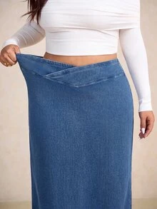 GalTyme Plus Size Criss-Cross Waist Fashion Denim Maxi Skirt - Blue - View 2