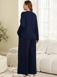 Rosumi 大尺碼女款秋冬純色休閒長袖T恤與長褲兩件套，附口袋 - 藏蓝色 - 查看 4