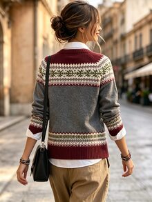 SHEIN Women's Fashion Jacquard Button Contrast Color Cardigan - Multicolor - View 2