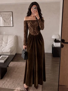 Modelyn New Women's Off-Shoulder Knit Silk Contrast Lace Elegant Sexy Ruched Mermaid Hem Long Dress - Brown - View 7
