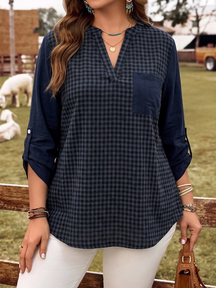 Rusticease Plus Size Autumn Casual Plaid Patchwork Shirt - Multicolor - View 1
