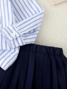 SHEIN Elladie kids 女童藍白棕色襯衫百褶裙兩件套 上衣：直條紋長袖披肩式下擺 高腰迷你裙 校園生日穿搭 - 白色 - 查看 4