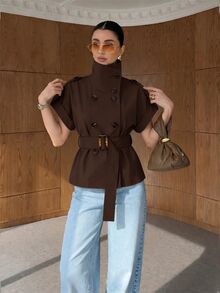 Lumalex 女款短袖寬鬆高領收腰風衣外套 辦公室深棕色 秋冬休閒商務休閒風 - 巧克力棕 - 查看 12