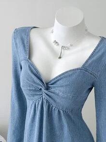 Elamini Women's Knot Design Long Sleeve Casual Denim Top - Blue - View 5